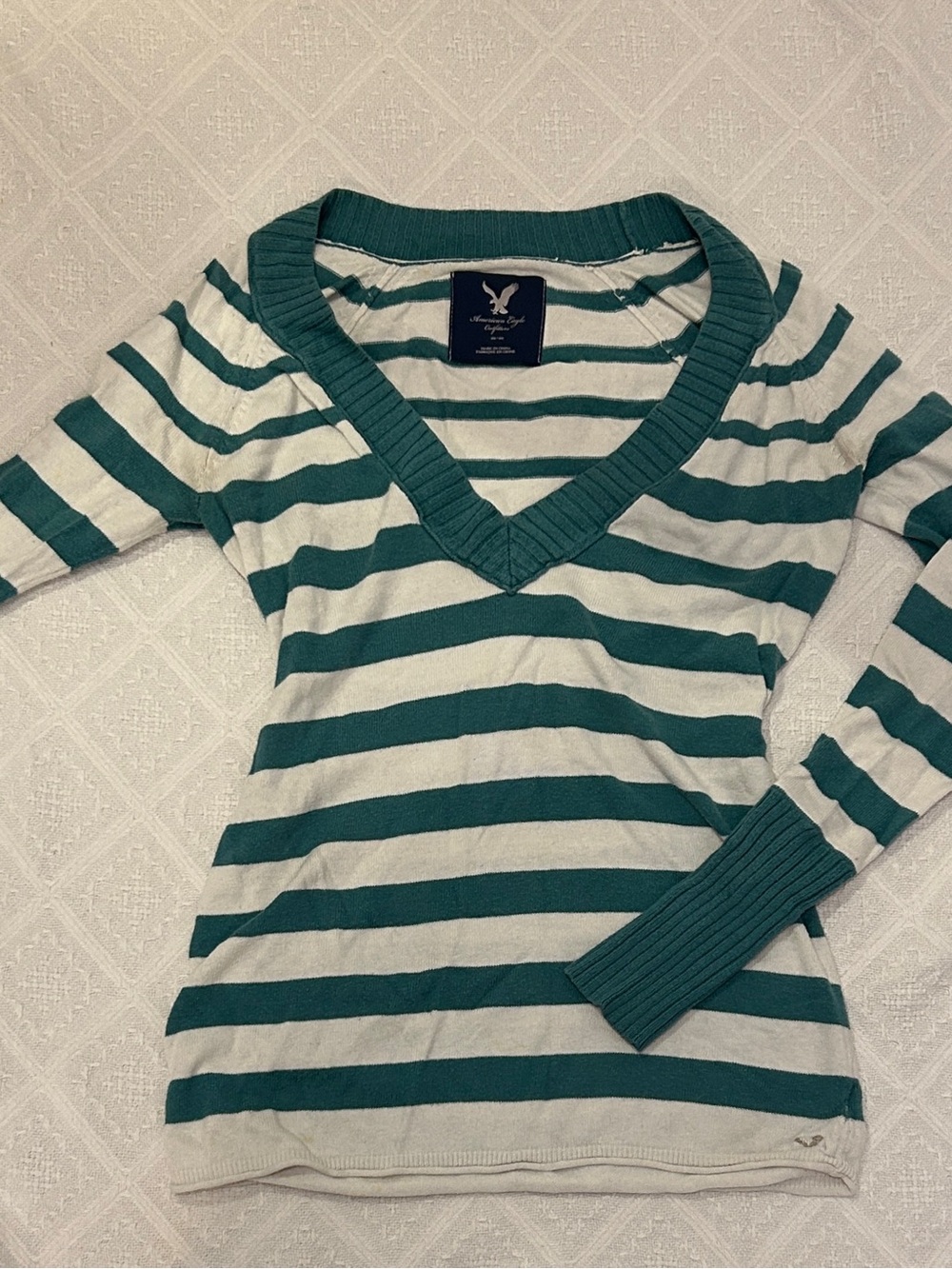 American Eagle Outfitters Teal & White Striped V-Neck Sweater
